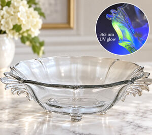 Fostoria Baroque Crystal Console Bowl 12.5 Winged Footed UV Reactive Art Deco